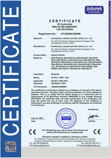 China. Guangzhou Langjie Electric Vehicle Co., Ltd. certificaciones