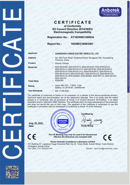 China. Guangzhou Langjie Electric Vehicle Co., Ltd. certificaciones